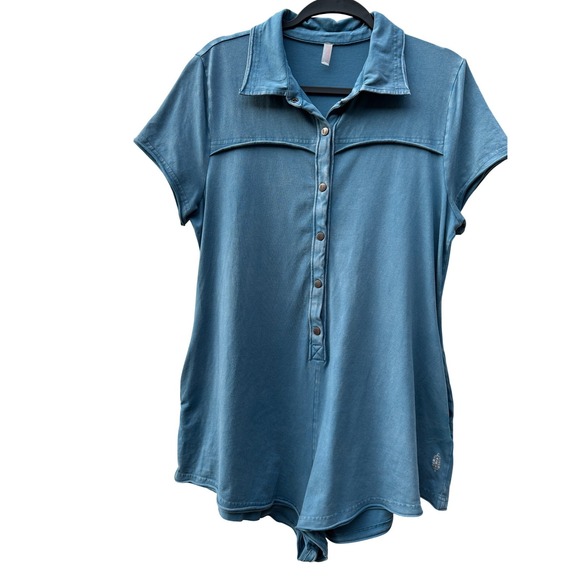 Free People Pants - Free People Movement Hot Shot Romper Blue Teal Button Front Short Sleeve Large